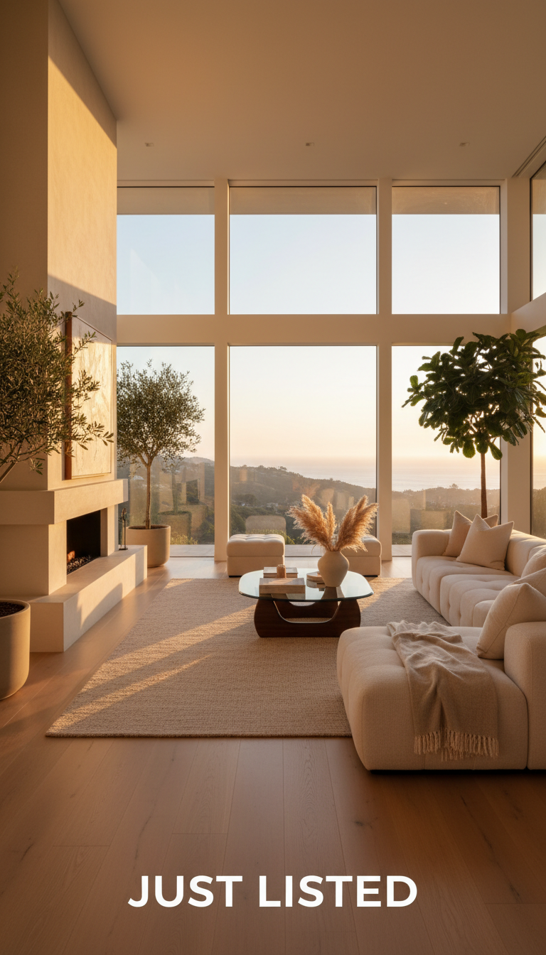 AI-generated real-estate post: sunlit modern living room with caption Just Listed